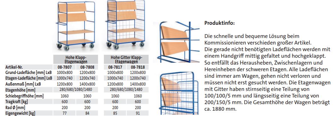 Hohe Klapp-Etagenwagen (techn. Daten)